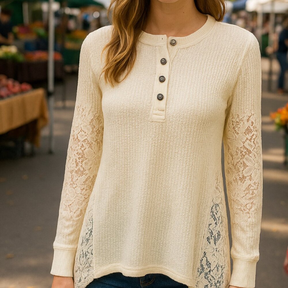 #200 POL Cream Lace Button-Up Top